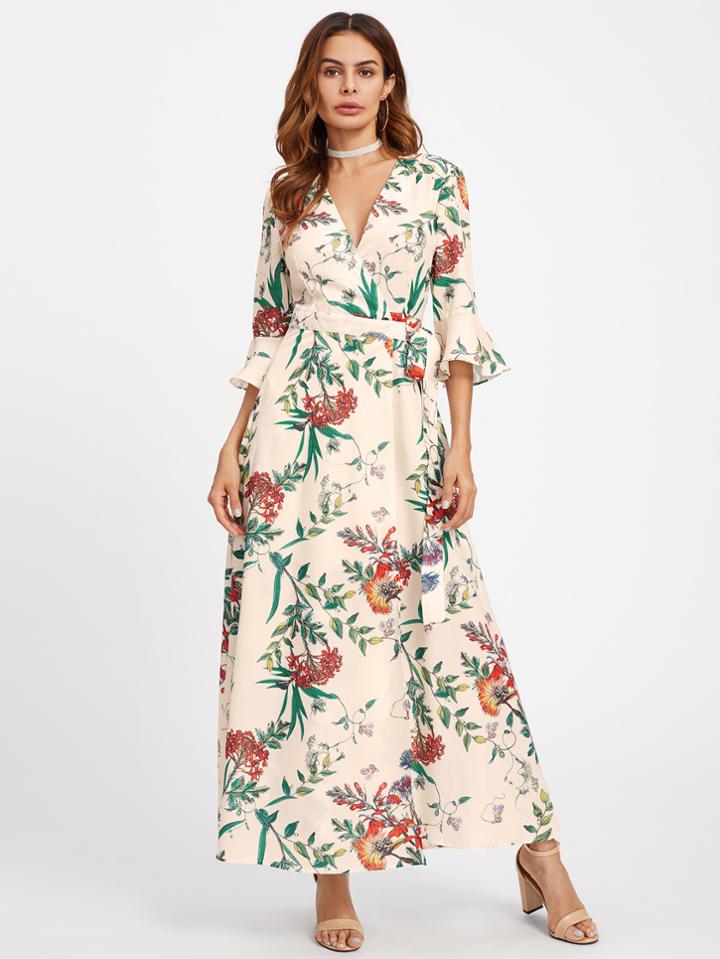 Shein Trumpet Sleeve Surplice Wrap Botanical Dress