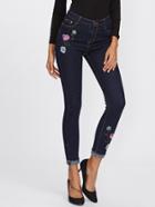 Shein Rose Embroidered Roll Up Hem Skinny Jeans