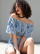 Shein Ripped Off The Shoulder Denim Crop Top