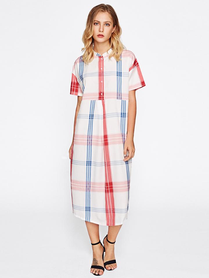 Shein Band Collar Grid Shirt Dress