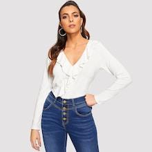 Shein Ruffle Embellished V Neck Tee