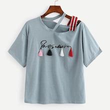 Shein Embroidered Asymmetric Neck Fringe Detail Tee