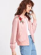Shein Pink Embroidered Rose Applique Zip Up Bomber Jacket