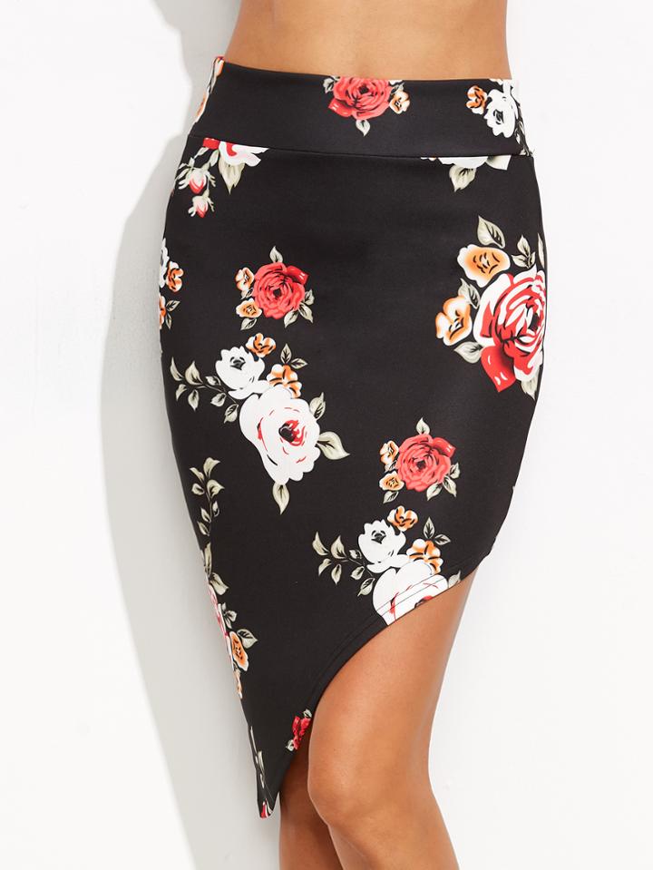 Shein Black Floral Print Asymmetrical Hem Skirt
