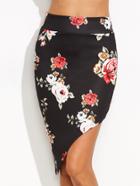 Shein Black Floral Print Asymmetrical Hem Skirt