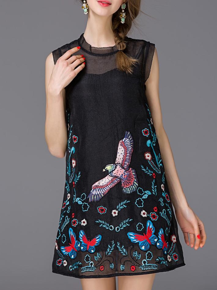 Shein Black Ruffle Embroidered Shift Dress