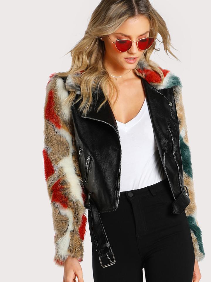 Shein Faux Fur Sleeve And Collar Biker Jacket