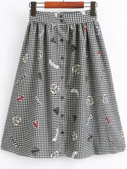 Shein Black And White Plaid Print Button Up Midi Skirt