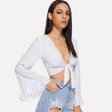 Shein Flounce Cuff Striped Knot Blouse