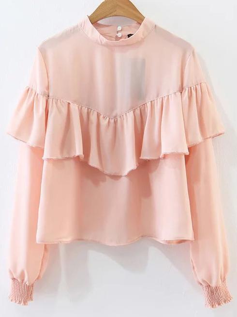 Shein Pink Ruffle Detail Crew Neck Blouse