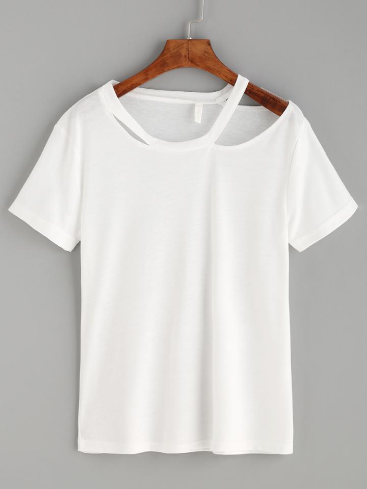 Shein White Asymmetric Cutout Neck T-shirt
