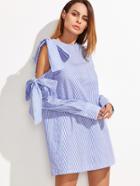 Shein Blue And White Striped Bow Embellished Open Shoulder Dress