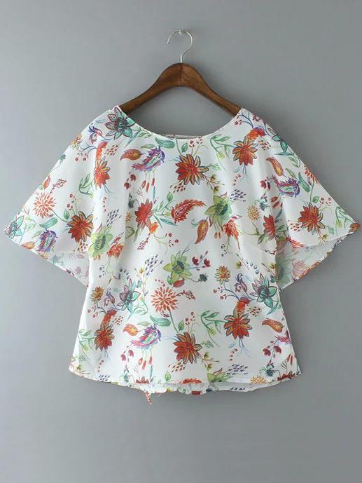 Shein Multicolor Tie Back Bow Print Backless Blouse