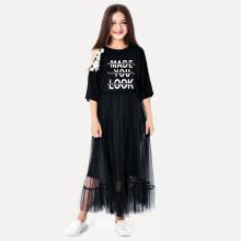 Shein Girls Letter Print Open Shoulder Lace Trim Tee With Skirt