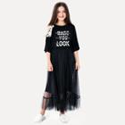 Shein Girls Letter Print Open Shoulder Lace Trim Tee With Skirt