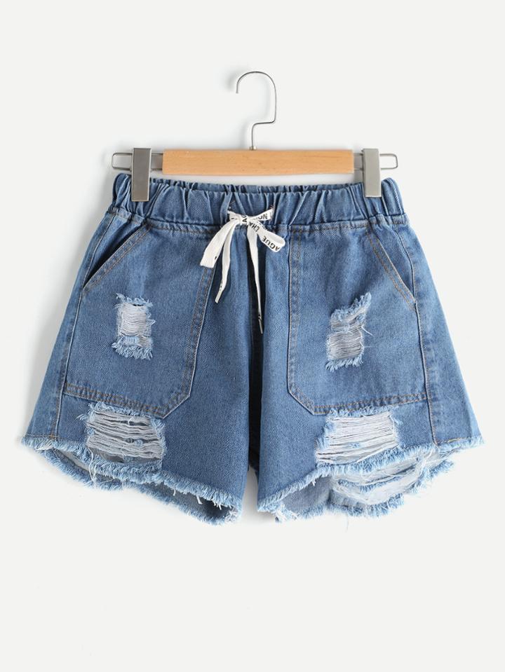 Shein Elastic Self Tie Waist Destroyed Fray Hem Shorts