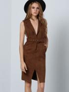Shein Khaki Deep V Neck Belt Slit Dress