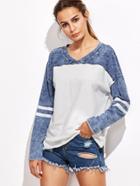 Shein Contrast Denim Look Striped Sleeve T-shirt