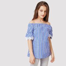 Shein Girls Contrast Lace Off The Shoulder Gingham Blouse
