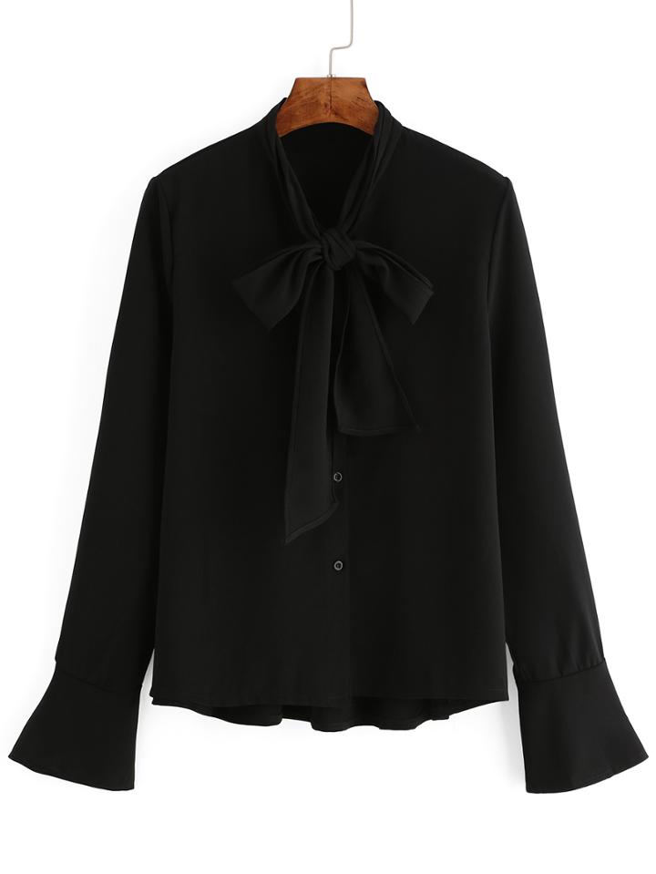 Shein Black Tie Neck Bell Sleeve Dip Hem Blouse