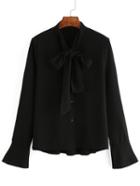 Shein Black Tie Neck Bell Sleeve Dip Hem Blouse