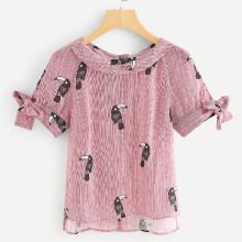 Shein Knot Cuff Pinstriped Blouse