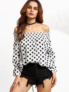 Shein White Polka Dot Off The Shoulder Shirred Top