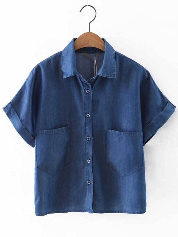 Shein Dark Blue Lapel Roll Up Cuff Pockets Buttons Blouse
