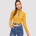 Shein Ribbed Quarter Zip Letter Tape Panel Tee