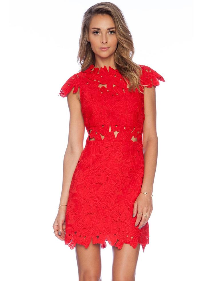 Shein Red Cap Sleeve Crochet Lace Zipper Dress