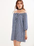 Shein Blue Gingham Off The Shoulder Bow Tie Dress