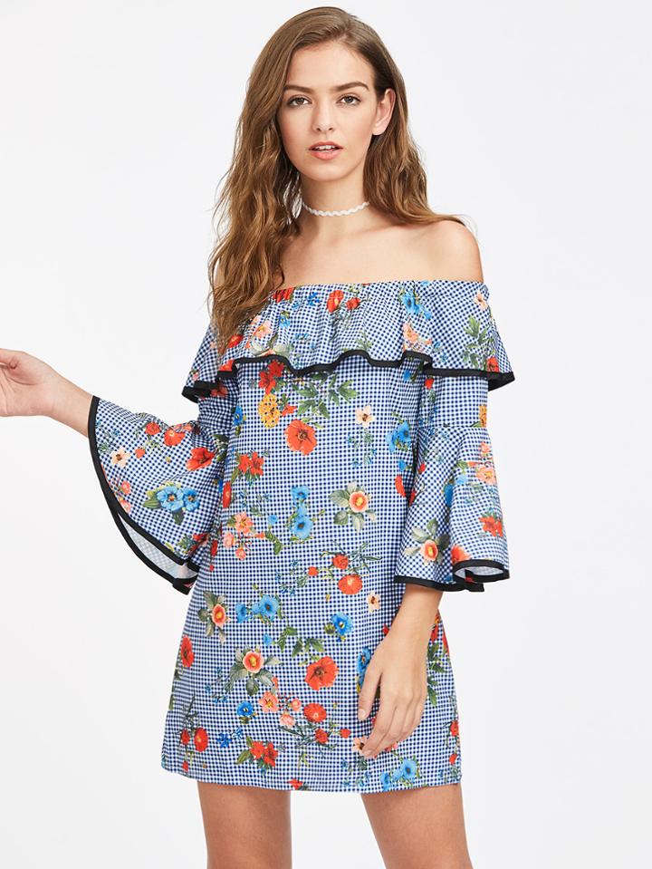 Shein Frill Layered Fluted Sleeve Botanical Print Gingham Dress