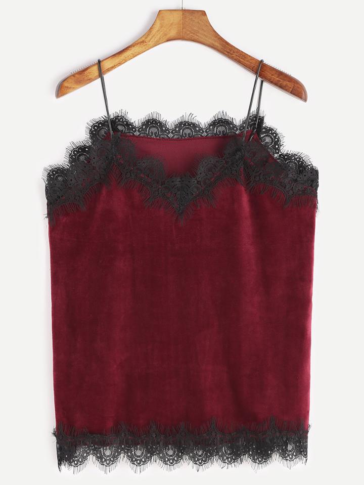 Shein Burgundy Contrast Eyelash Lace Velvet Cami Top