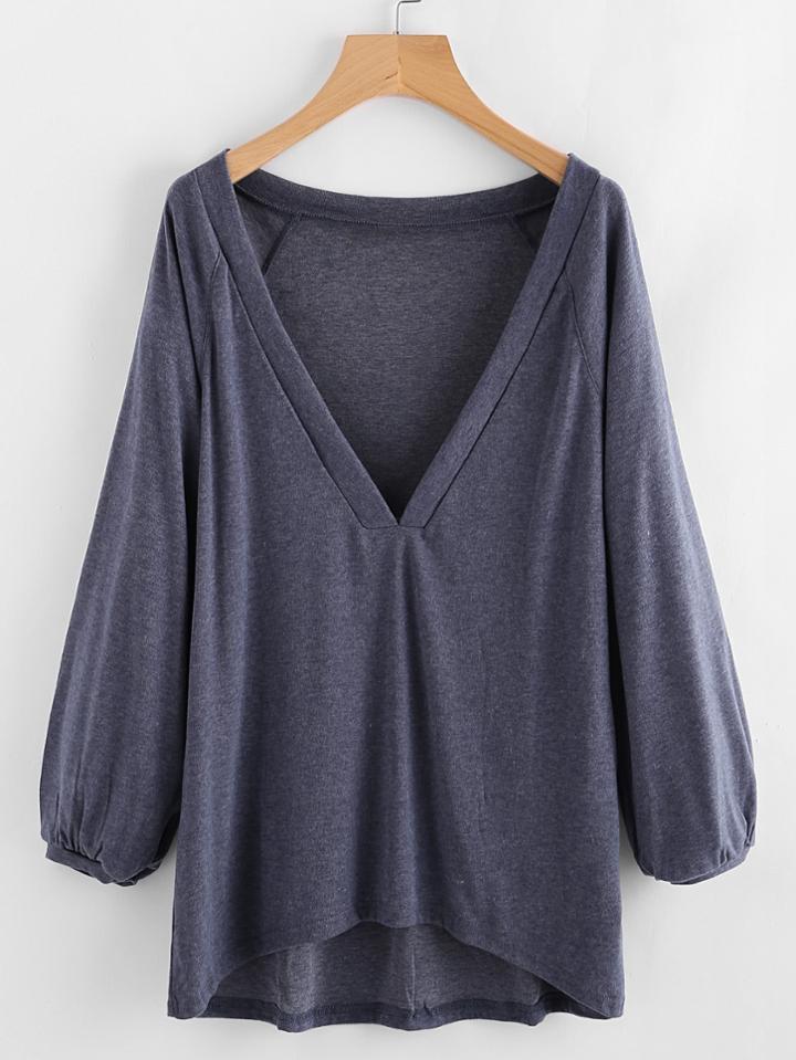 Shein Plunge Raglan Sleeve Dip Hem Marled Tee