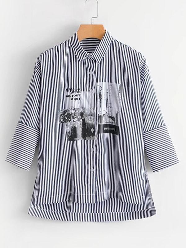 Shein High Low Striped Blouse
