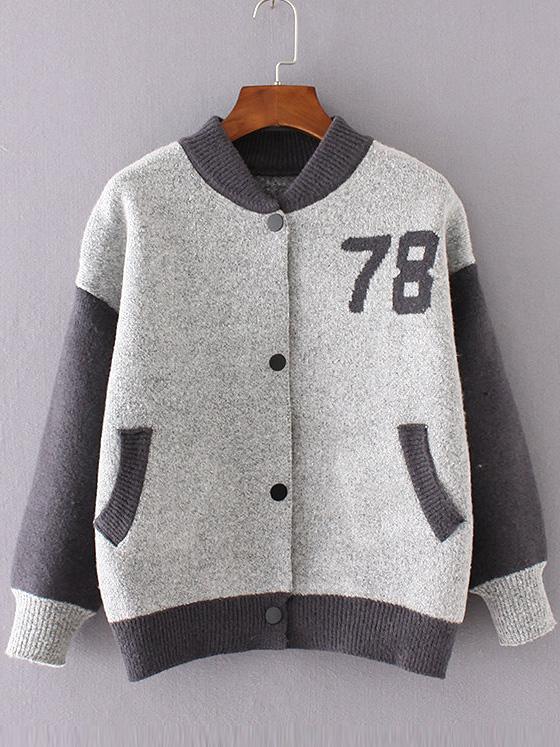 Shein Light Grey Graphic Pattern Knitted Bomber Jacket