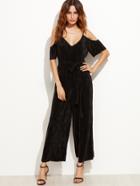 Shein Cold Shoulder Self Tie Pleated Wide Leg Jumpsuit