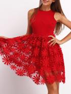 Shein Red Sleeveless Embroidered Lace Dress