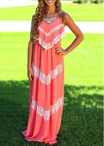 Rosewe Cross Back Ruffle Decorated Pink Maxi Dress