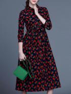 Shein Navy Lapel Rose Print Tie-waist A-line Dress