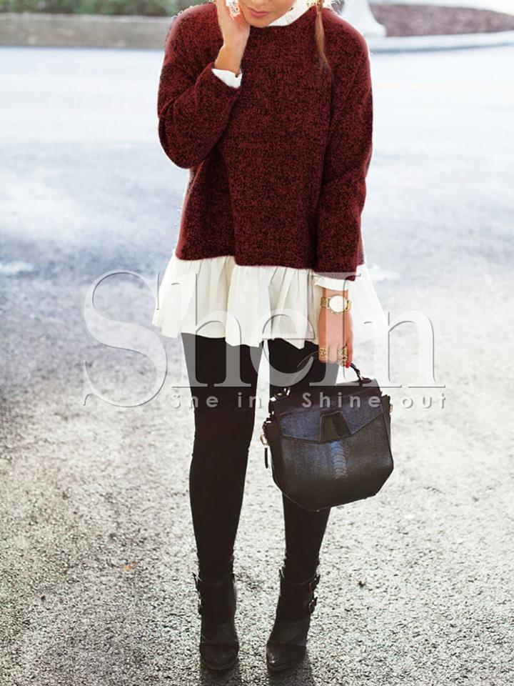 Shein Burgundy Contarst White Ruffle Hem Blouse