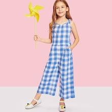 Shein Girls Self Tie Shoulder Plaid Jumpsuit
