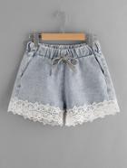 Shein Contrast Lace Hem Drawstring Denim Shorts