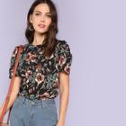 Shein Puff Sleeve Gathered Neck Botanical Top