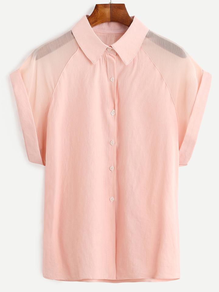 Shein Pink Mesh Insert Cuffed Blouse