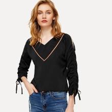 Shein Striped Tape Detail Shirred Drawstring Split Sleeve Top