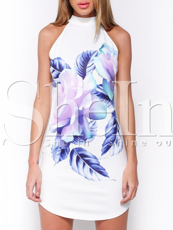Shein White Sleeveless Flower Feather Print Dress