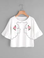 Shein Trumpet Sleeve Symmetric Girl Outline Embroidery Tee