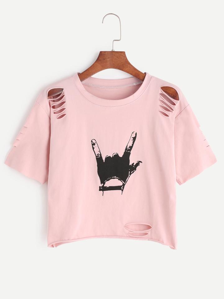 Shein Gesture Print Ripped Crop T-shirt