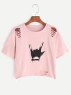 Shein Gesture Print Ripped Crop T-shirt